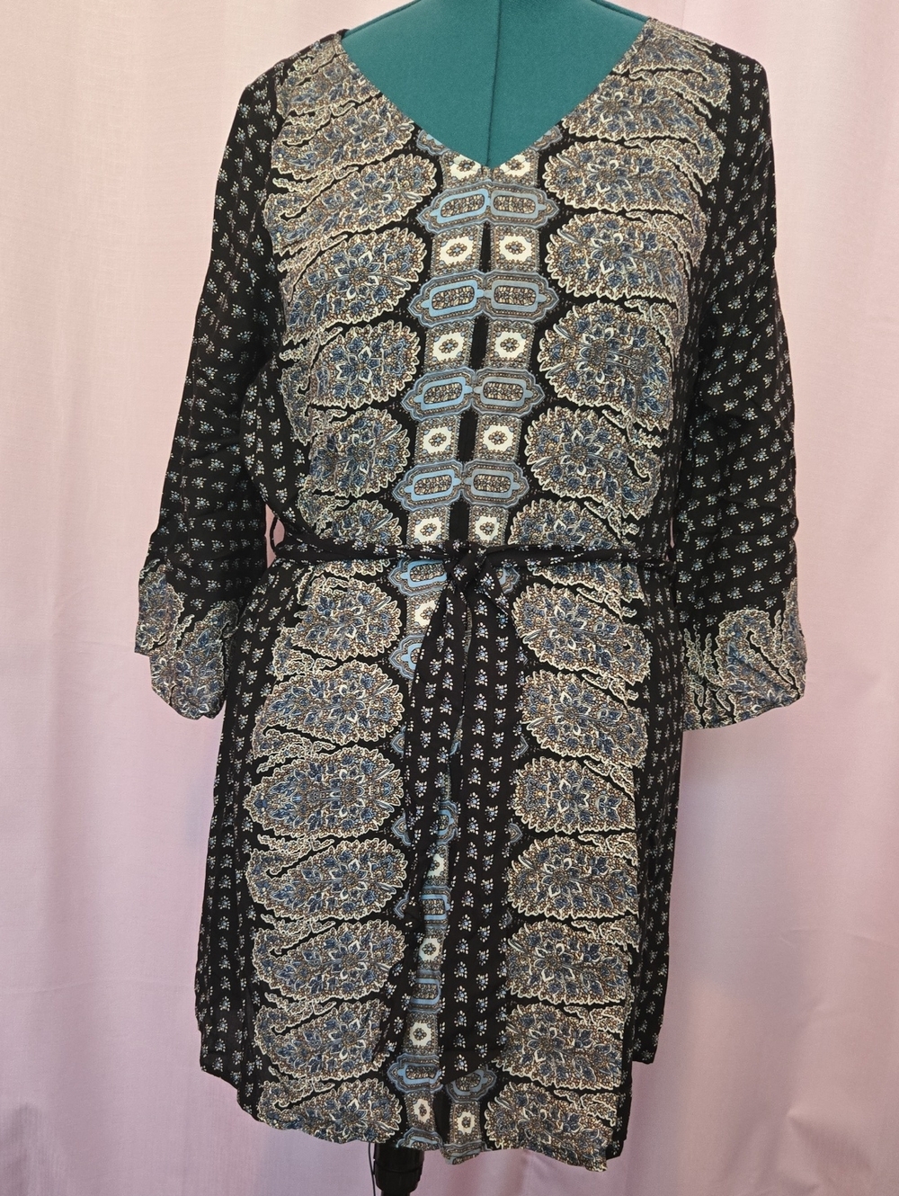 Umgee Black Tunic or Dress with Blue and Cream Paisley Pattern - Picture 1 of 9